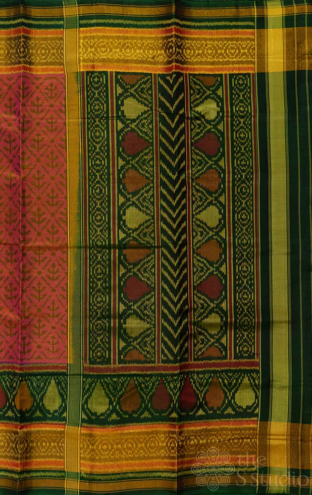 Peach patola saree with green border and all over design