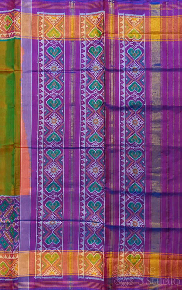 Dual tone green rajkot patola saree with purple border in ikat design