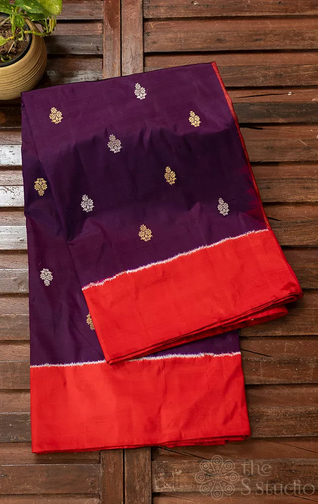 Purple ikkat silk saree with red border