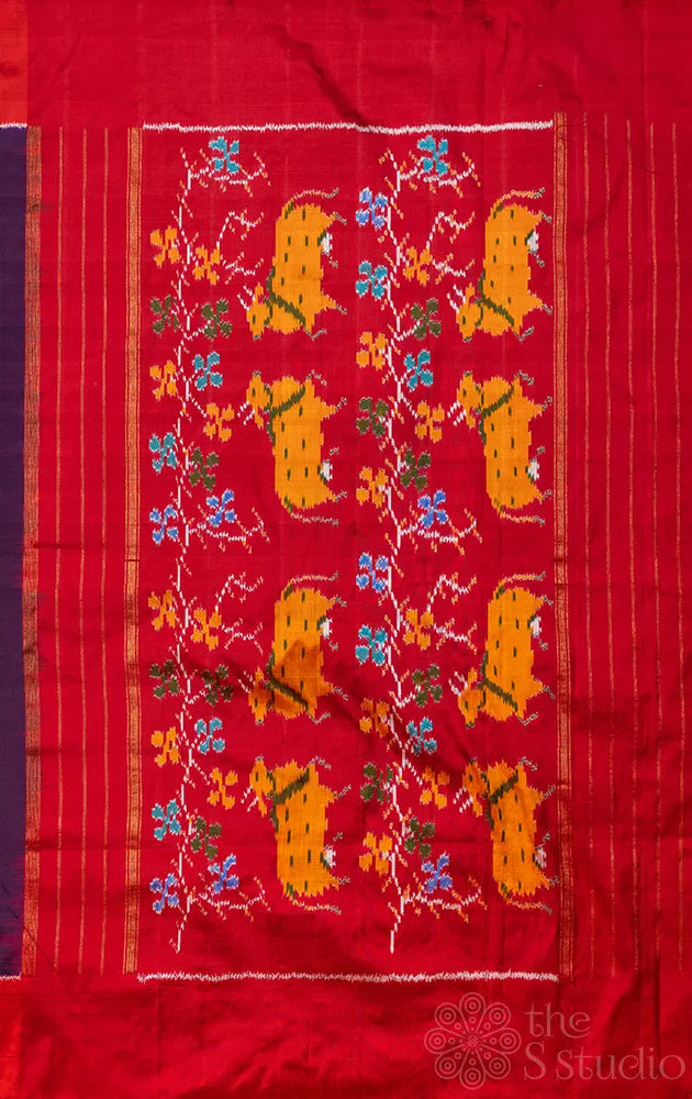 Purple ikkat silk saree with red border
