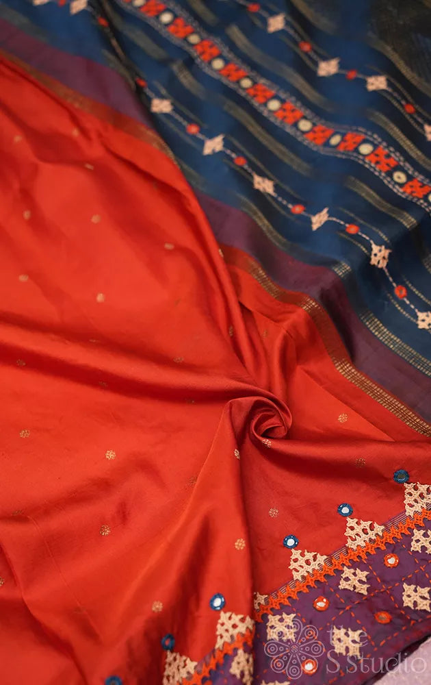 Rust kanchipuram silk saree with hand kutch embroidery