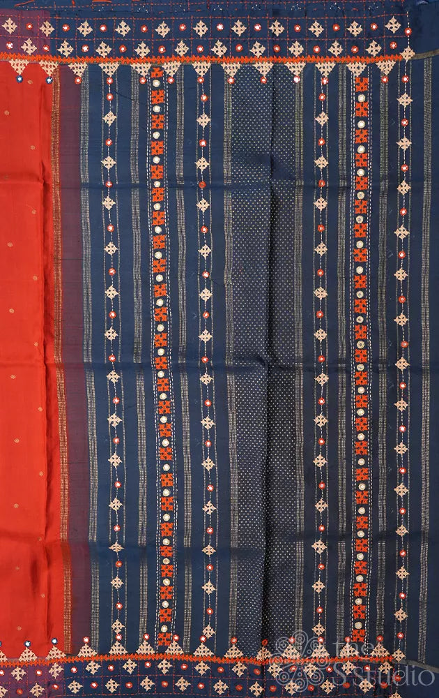 Rust kanchipuram silk saree with hand kutch embroidery