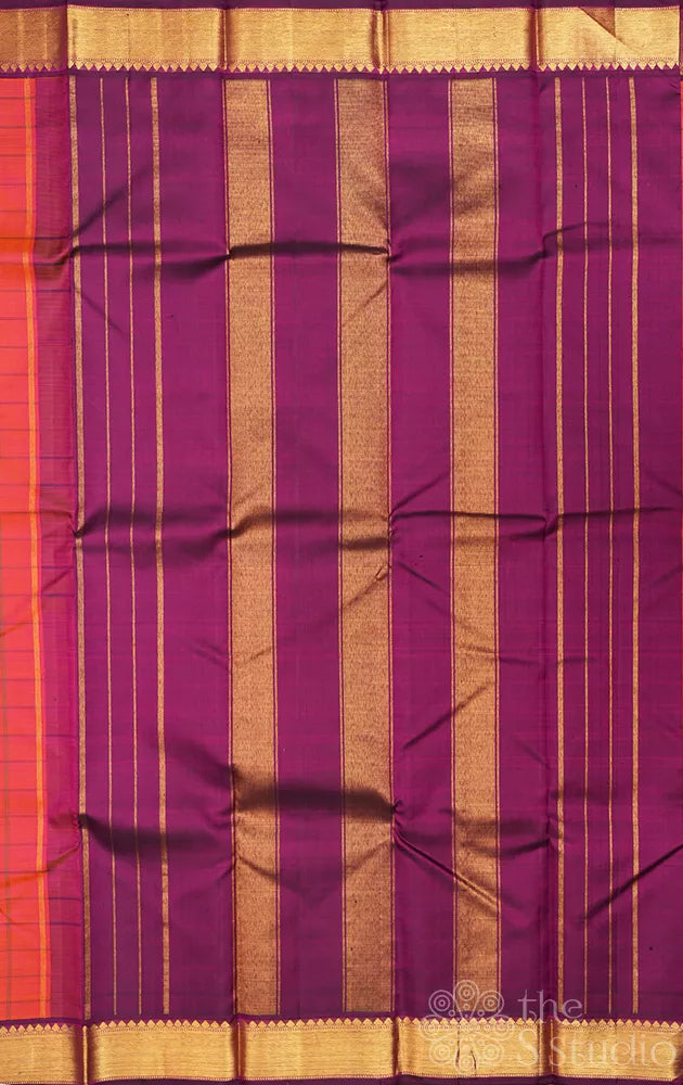 Peachish orange checked kanjivaram silk saree with purple zari border