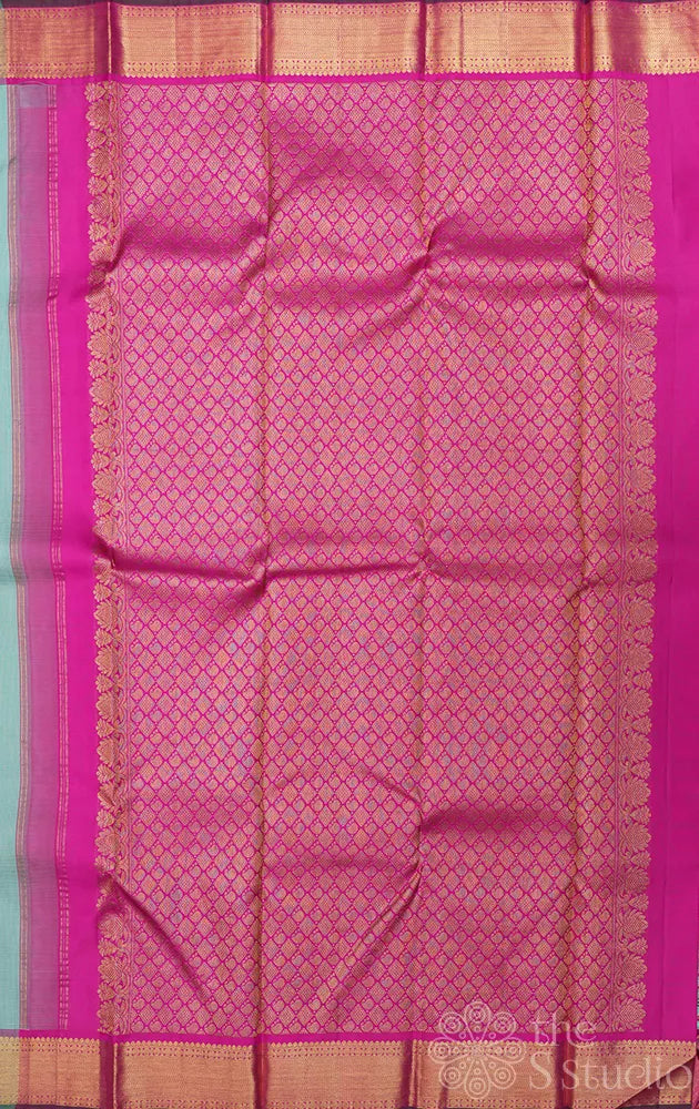 Aqua green checked kanchi pattu saree with getti zari border