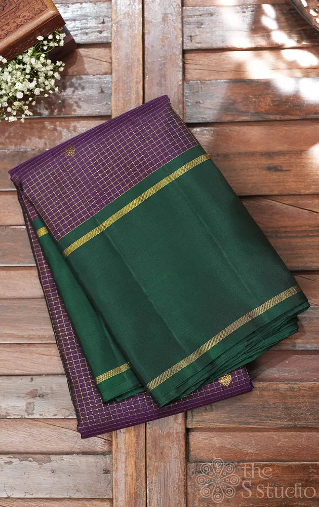 Deep jamun kanchipuram silk saree with zari checks and rettaipet border
