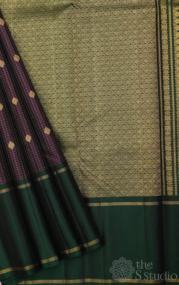 Deep jamun kanchipuram silk saree with zari checks and rettaipet border