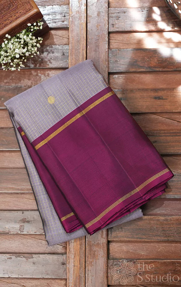Light grey checked kanjivaram silk saree with maroon border