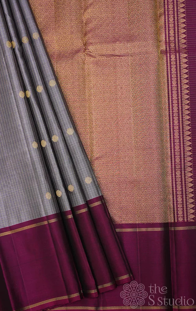 Light grey checked kanjivaram silk saree with maroon border
