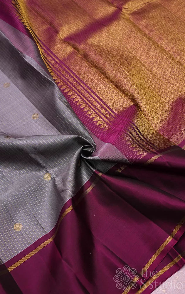 Light grey checked kanjivaram silk saree with maroon border