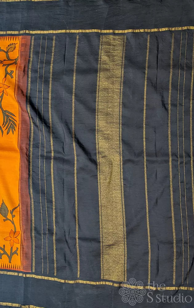 Pen kalamkari kanchi silk saree in mango orange with black border