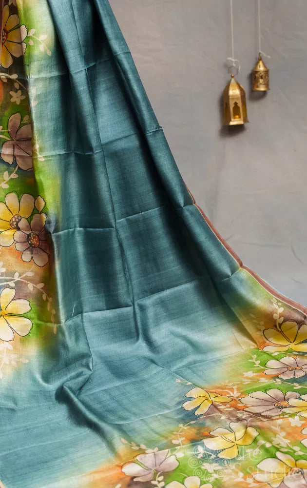 Greyish Blue pure tussar silk Saree with floral hand batik prints