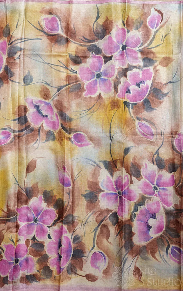 Lavender pure tussar silk saree with hand painted floral border
