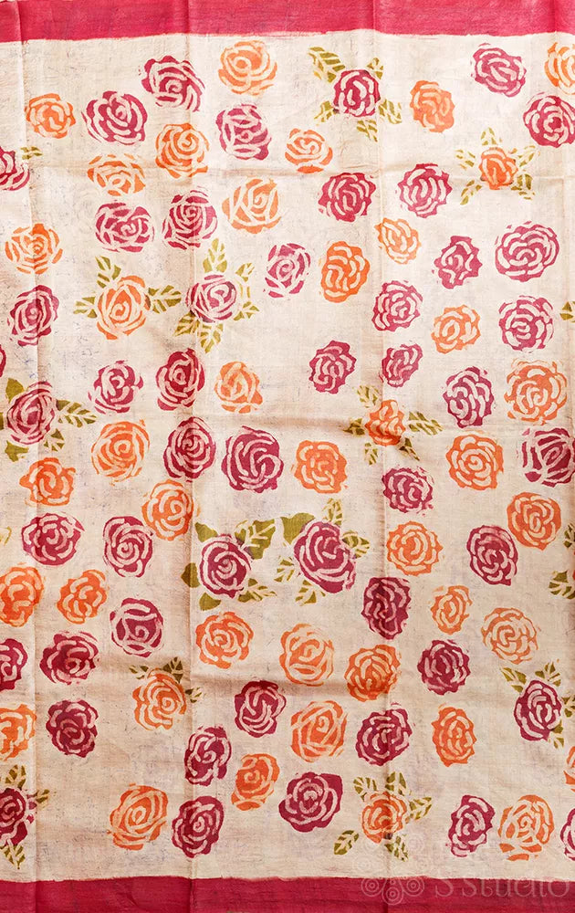 Peach tussar silk saree with batik prints