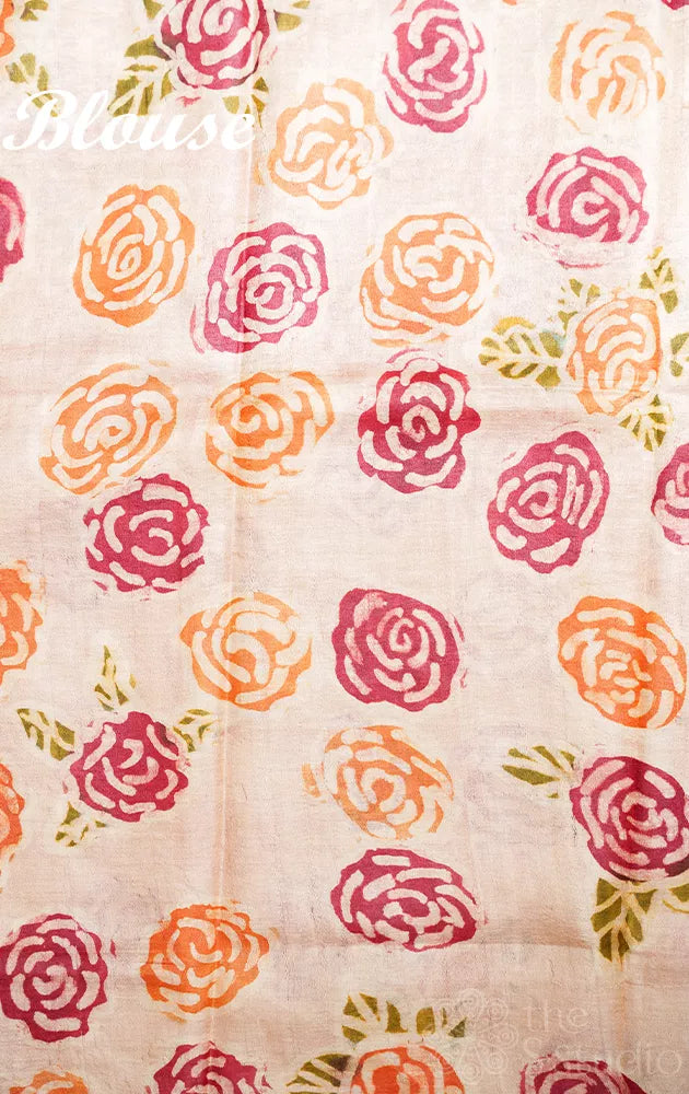 Peach tussar silk saree with batik prints
