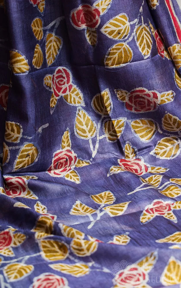 Violet tussar silk saree with batik prints