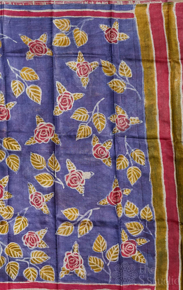 Violet tussar silk saree with batik prints