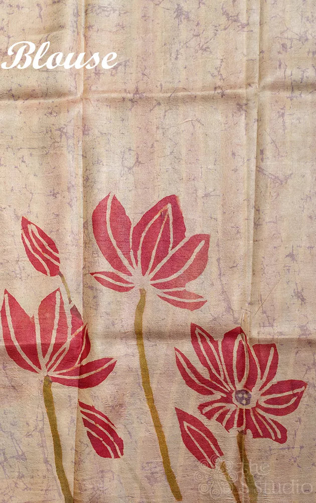 Grey and pink tussar silk saree with batik prints