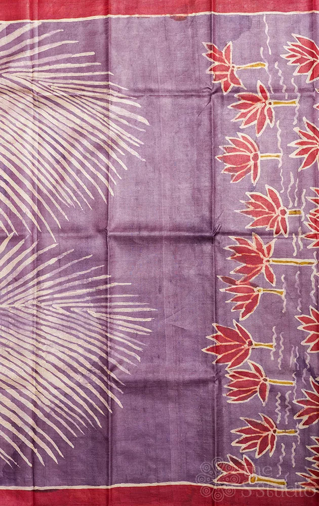 Light violet and red tussar silk saree with batik prints