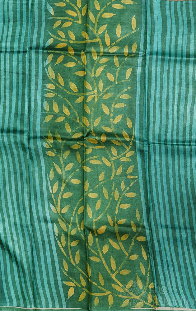 Green handwoven tussar silk saree with batik prints