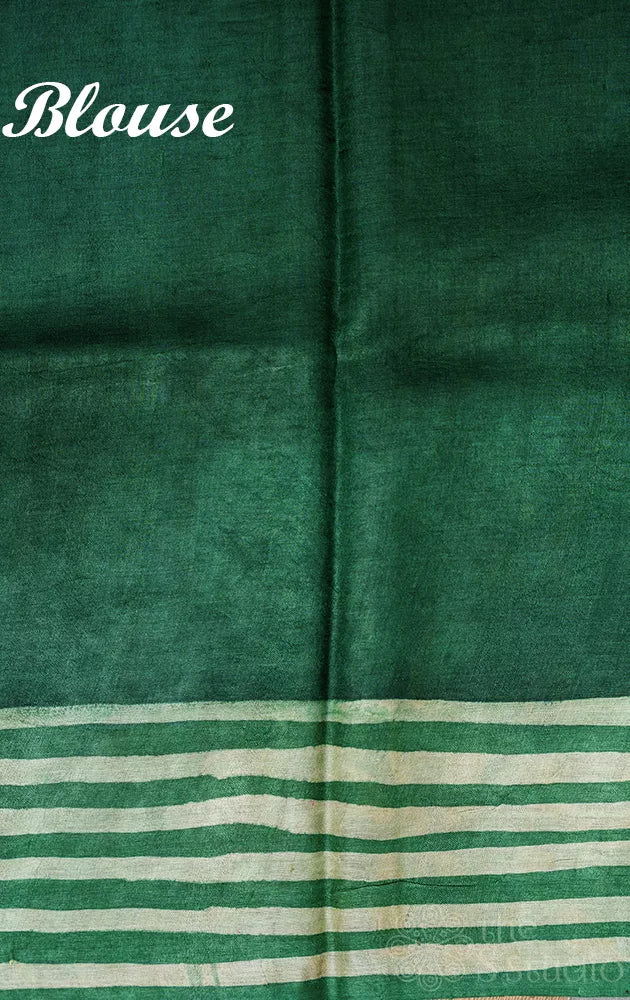 Green handwoven tussar silk saree with batik prints