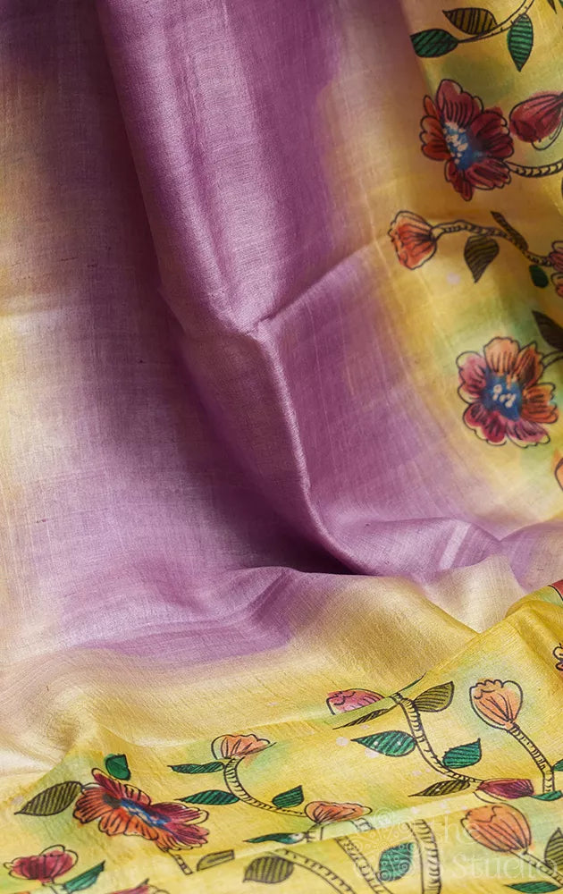 Lavender and yellow tussar silk saree with batik prints and hand painting