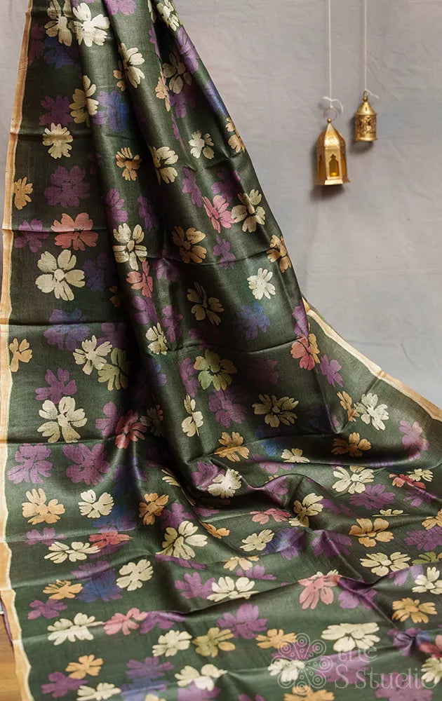 Military green pure tussar silk saree with floral batik prints