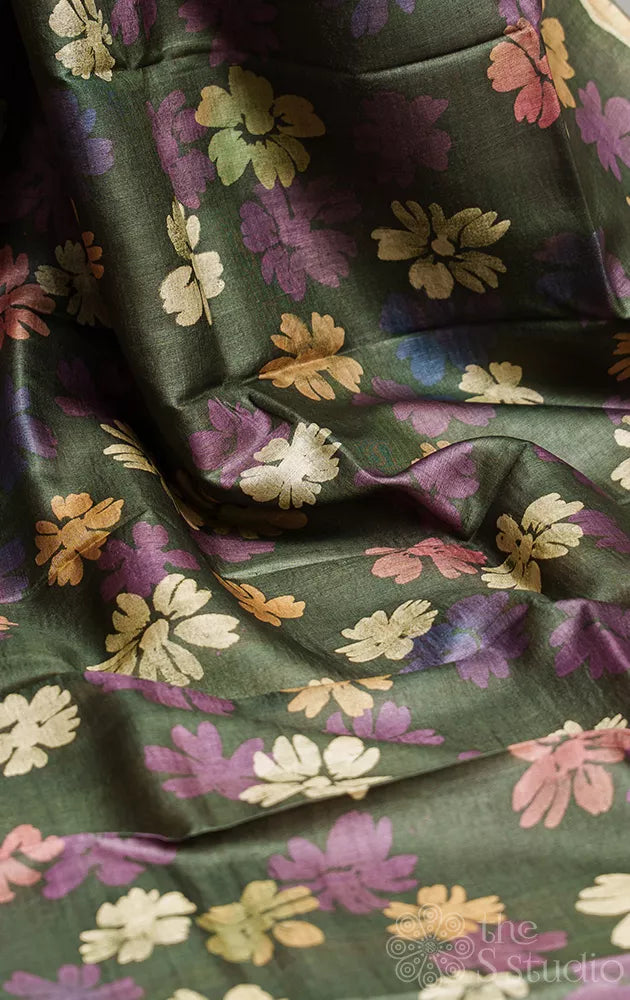Military green pure tussar silk saree with floral batik prints