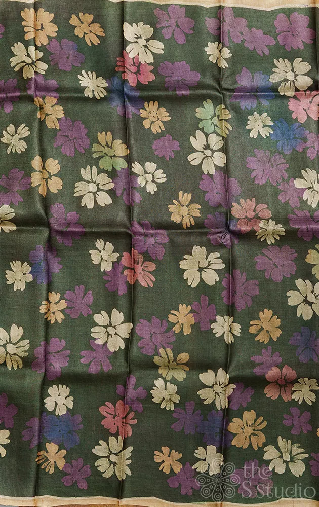 Military green pure tussar silk saree with floral batik prints