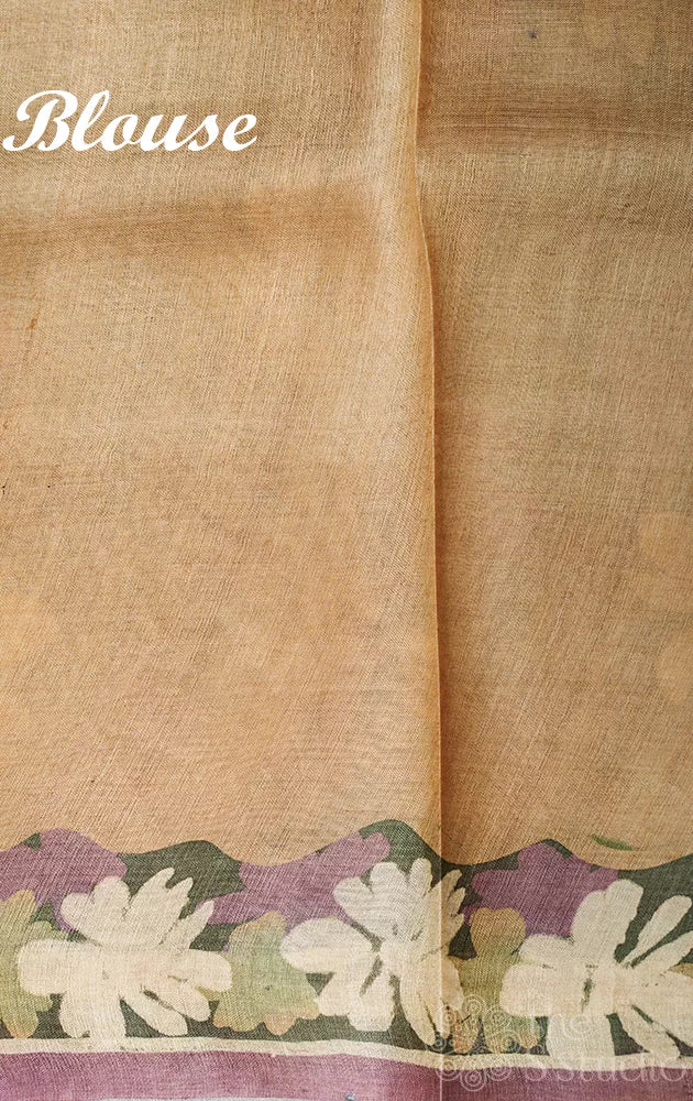 Military green pure tussar silk saree with floral batik prints