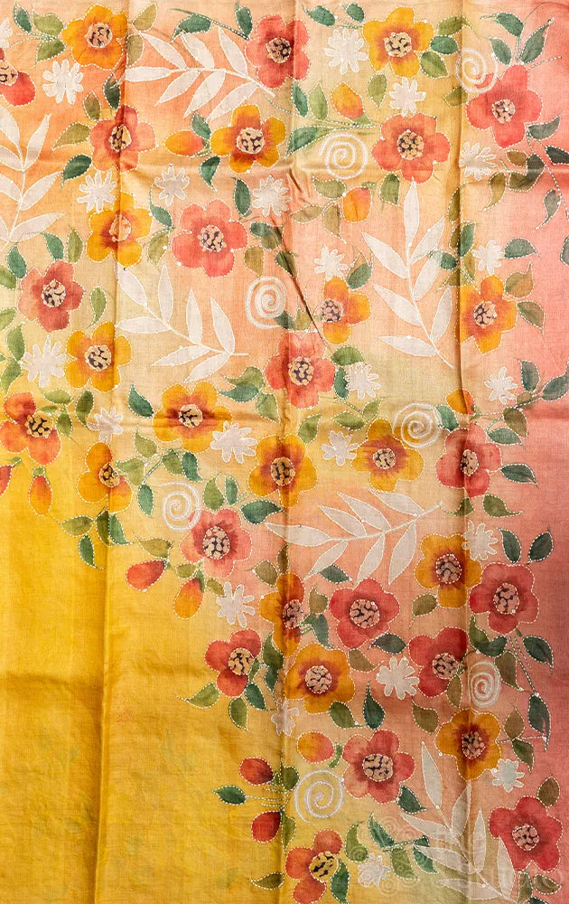 Yellow tussar silk saree with floral hand painting and hand embroidery