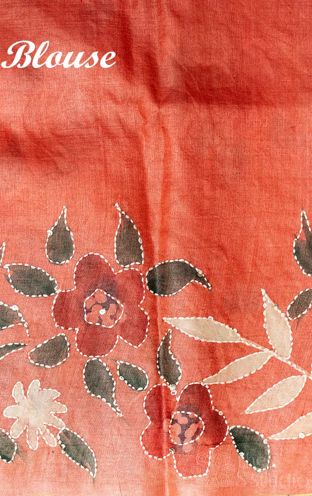 Yellow tussar silk saree with floral hand painting and hand embroidery