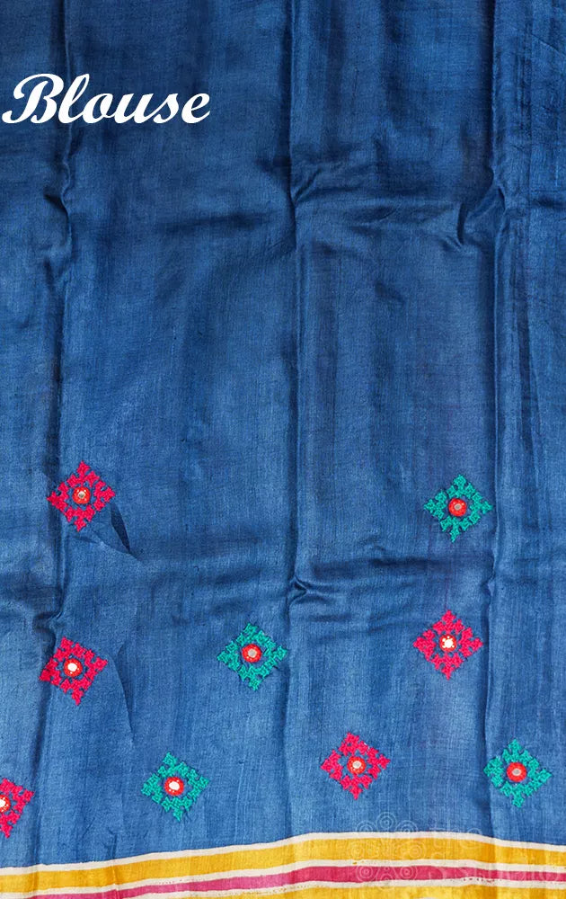 Multi colour hand painted pure tussar silk saree with kutch hand embroidery