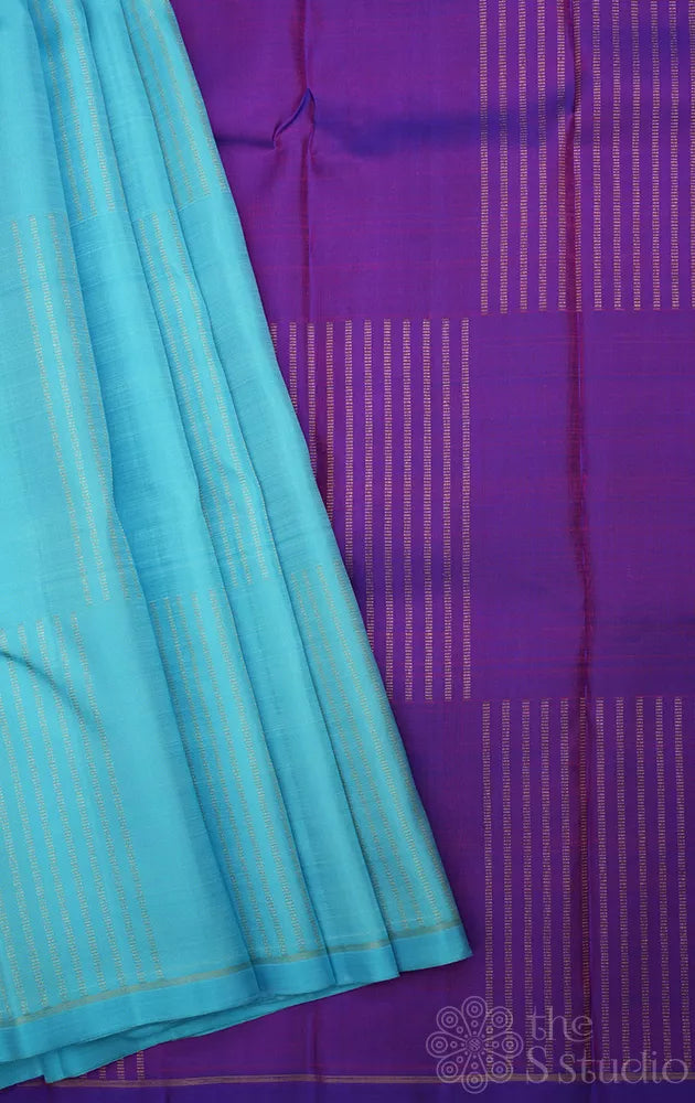 Light blue zari lines kanchi silk saree with purple pallu