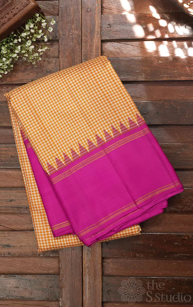 Off white and mustard small kattam kanchipuram silk saree with korvai rani pink border