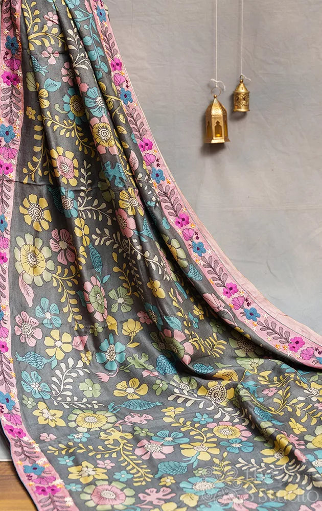 Black pure tussar silk saree with hand painted kalamkari and floral embroidery border