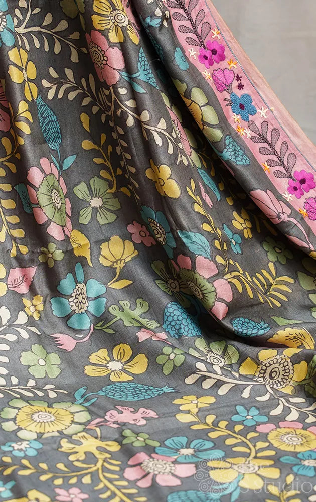 Black pure tussar silk saree with hand painted kalamkari and floral embroidery border