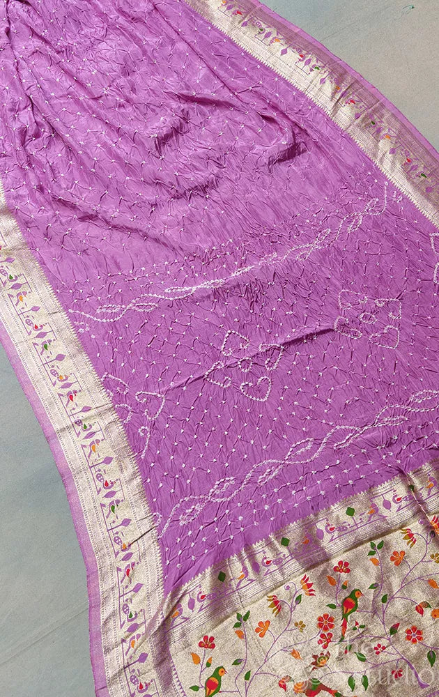 Lavender Semi silk bandhani saree with paithani style border