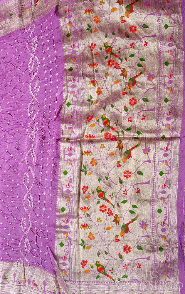 Lavender Semi silk bandhani saree with paithani style border