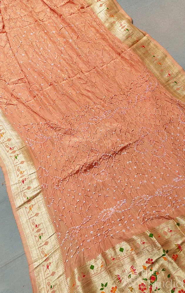 Peach handmade Tie & Dye Semi silk bandhani saree
