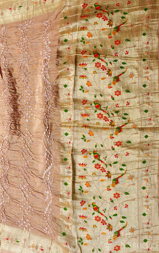 Light Brown Semi silk saree with handmade bandhani work