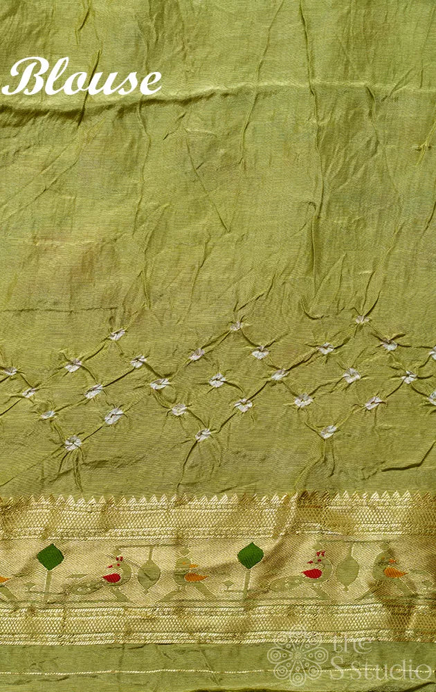 Handmade Pista Green Semi Silk Bandhani Saree with paithani style pallu