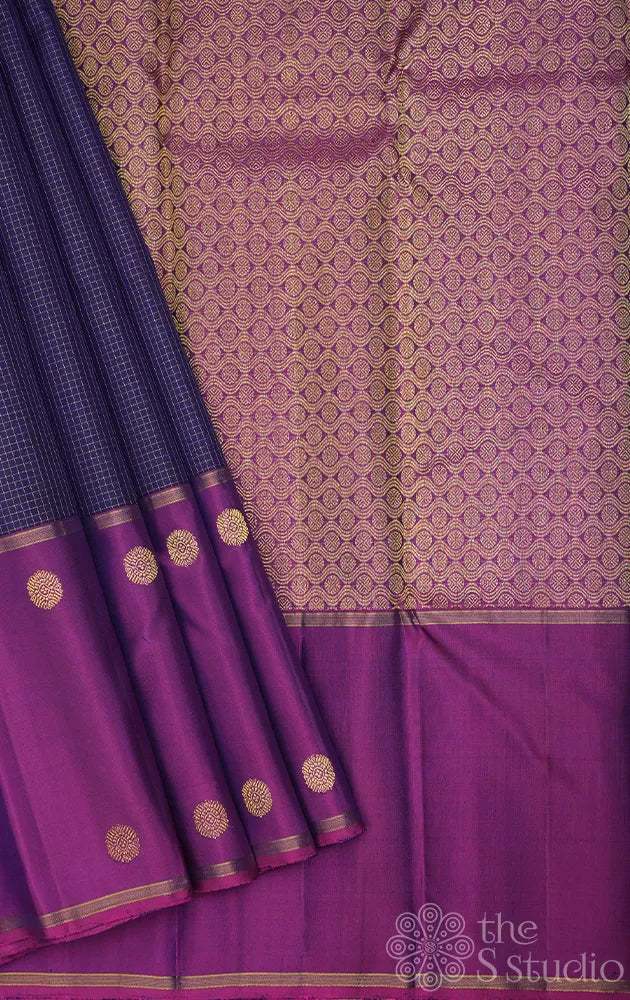 Navy Blue checked kanjivaram silk saree with purple long border