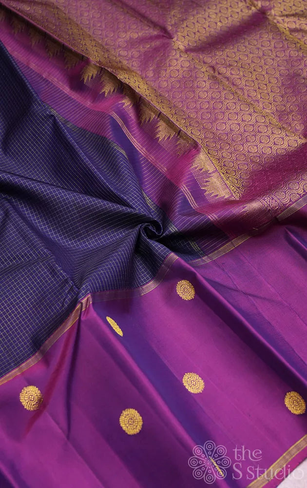Navy Blue checked kanjivaram silk saree with purple long border