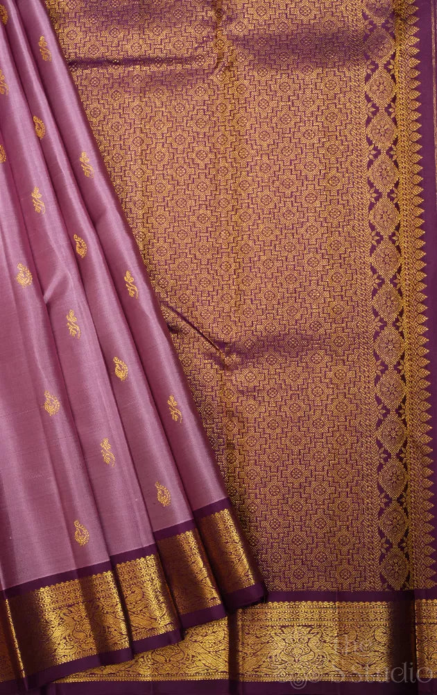 Lavender kanchipuram silk saree with deep purple korvai small border