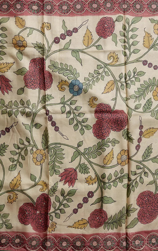 Beige colour tussar kalamkari saree with hand embroidery border