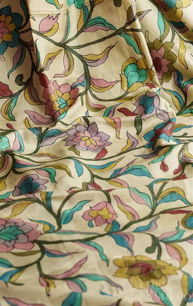 Off white tussar hand painted pen kalamkari saree with French knot hand embroidered border