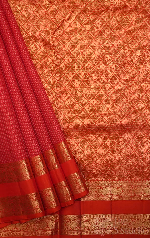 Reddish orange zari checked madisar 10 yards kanchi silk saree with light orange border