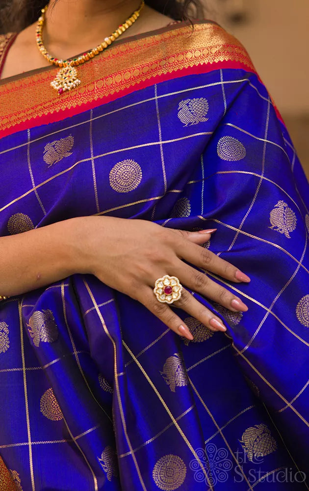 MS blue Kanchipuram silk saree with zari checks