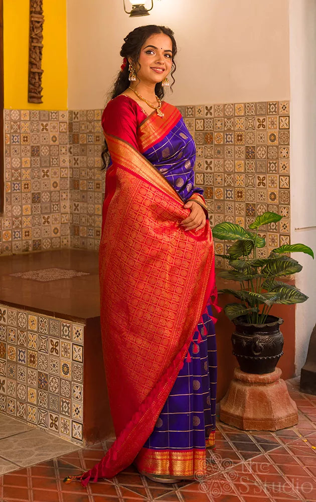 MS blue Kanchipuram silk saree with zari checks