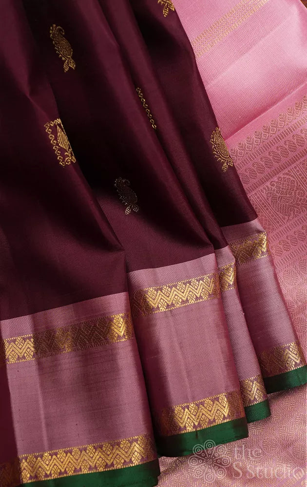 Brown kanjivaram silk saree with contrast pallu